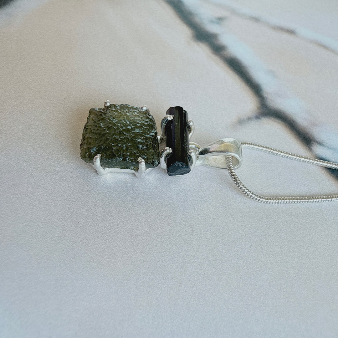 MOLDAVITE & BLACK TOURMALINE PENDANT