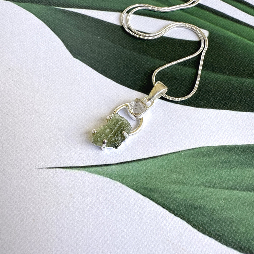 MOLDAVITE & HERKEMIER DIAMOND PENDANT
