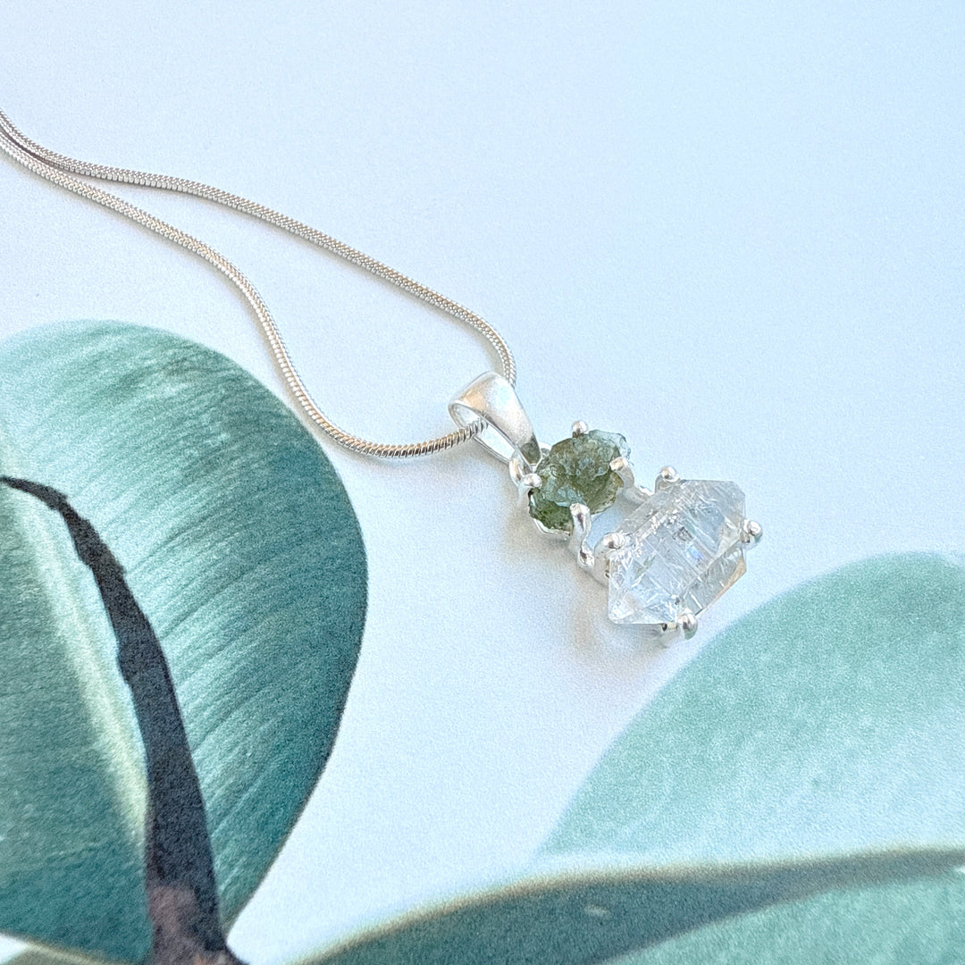 MOLDAVITE & HERKEMIER DIAMOND PENDANT
