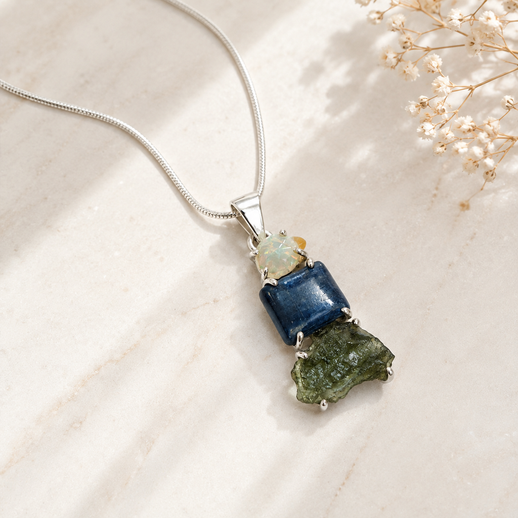 Moldavite, Tanzanite & Ethiopian Opal Pendant