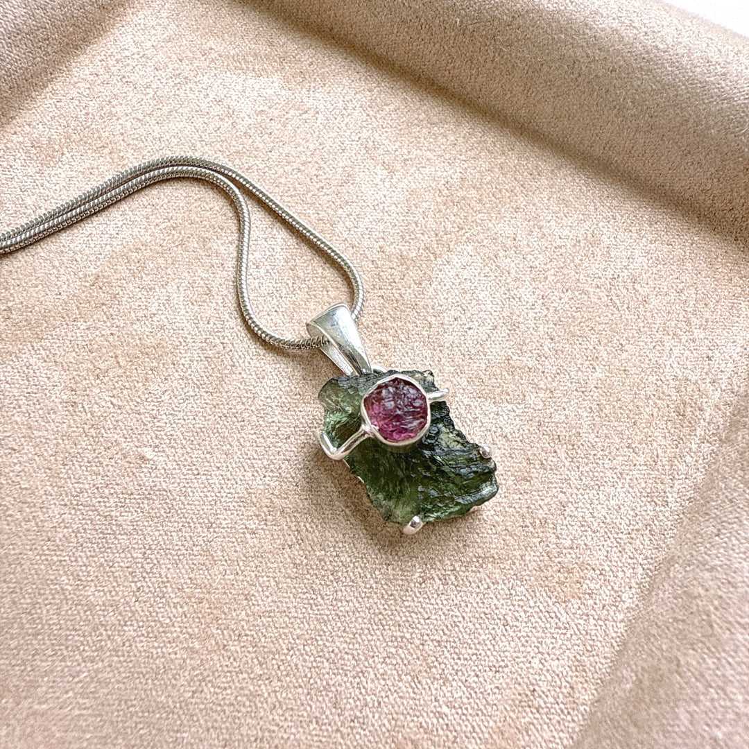 Moldavite & Pink Tourmaline Pendant