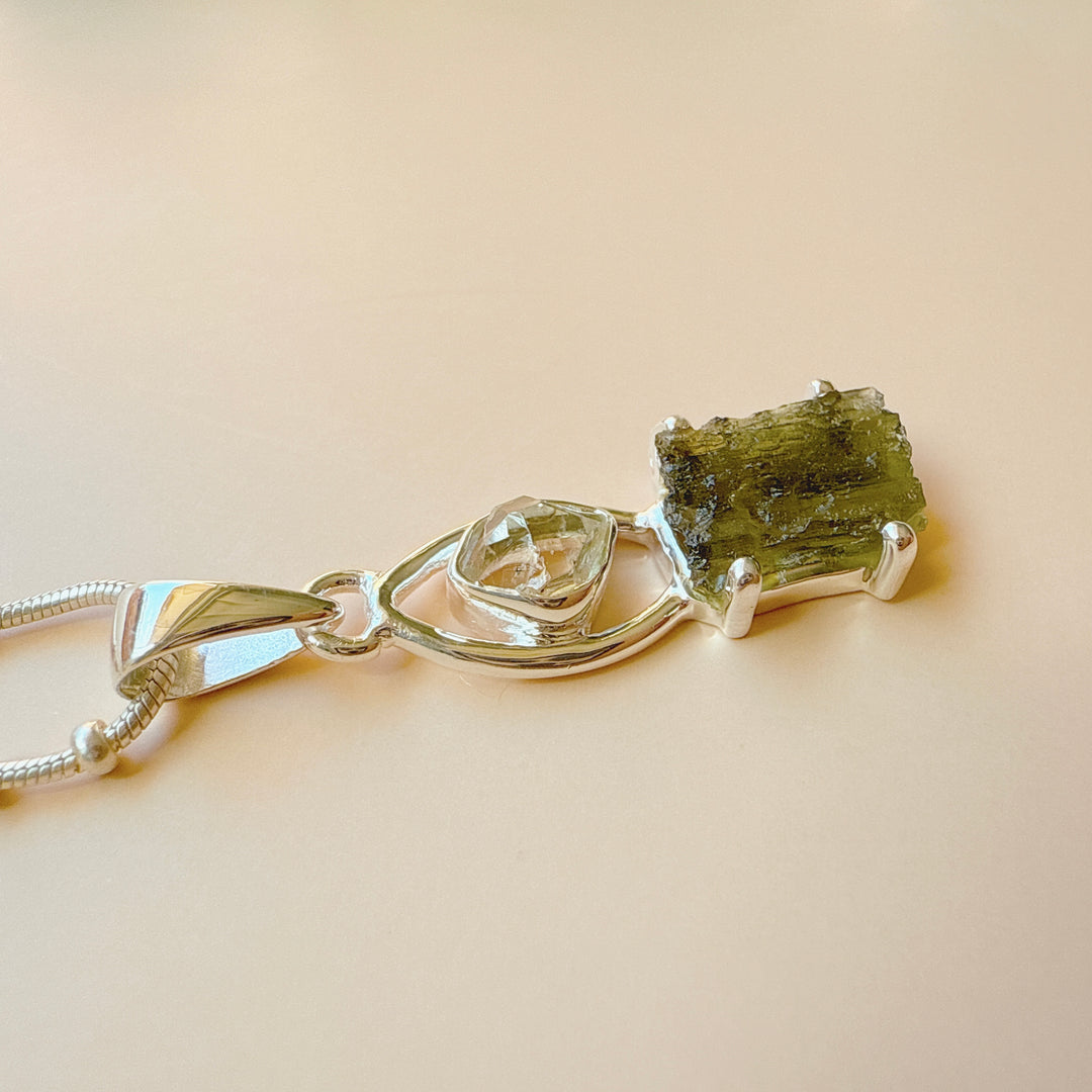 MOLDAVITE & HERKEMIER DIAMOND PENDANT