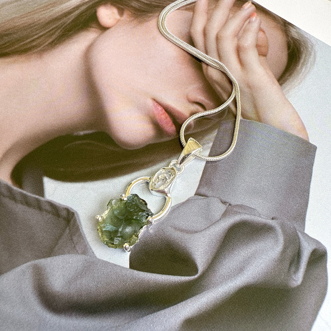 Moldavite & Herkimer Pendant