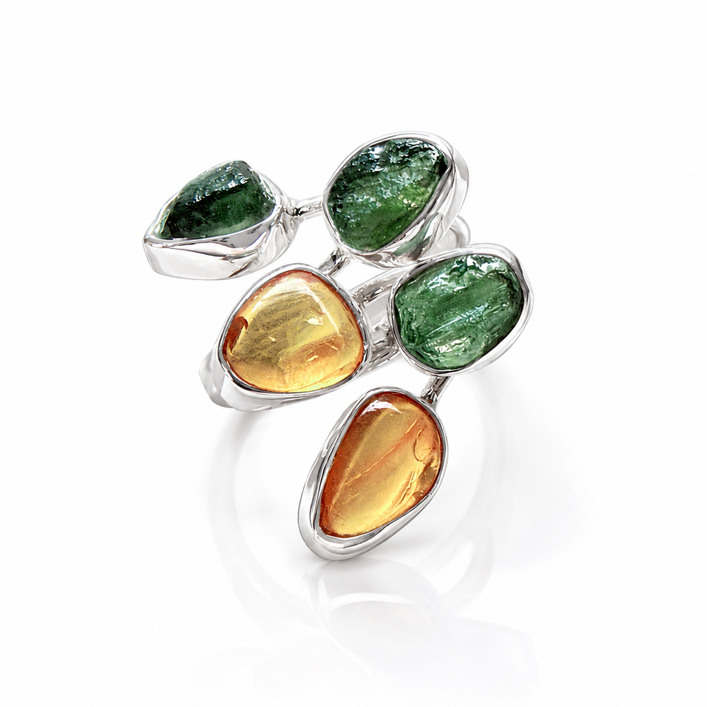 Designer – Moldavite & Baltic Amber Ring