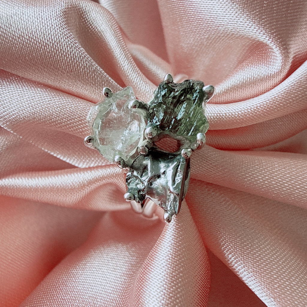 Moldavite, Herkimer Diamond & Meteorite Campo del Cielo Ring