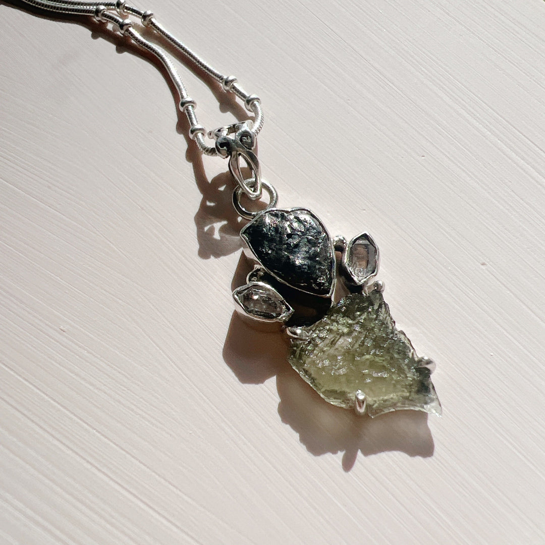 MOLDAVITE, HERKIMER DIAMOND, METEORITE CAMPO DEL CIELO PENDANT