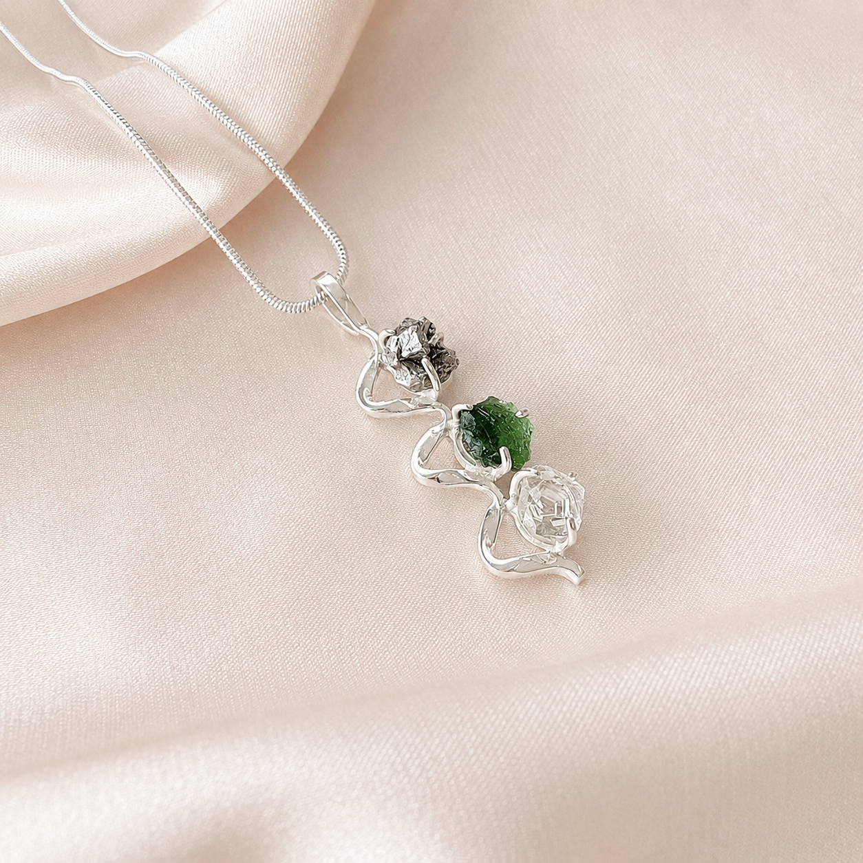 Moldavite, Herkimer Diamond & Campo del Cielo Meteorite Pendant