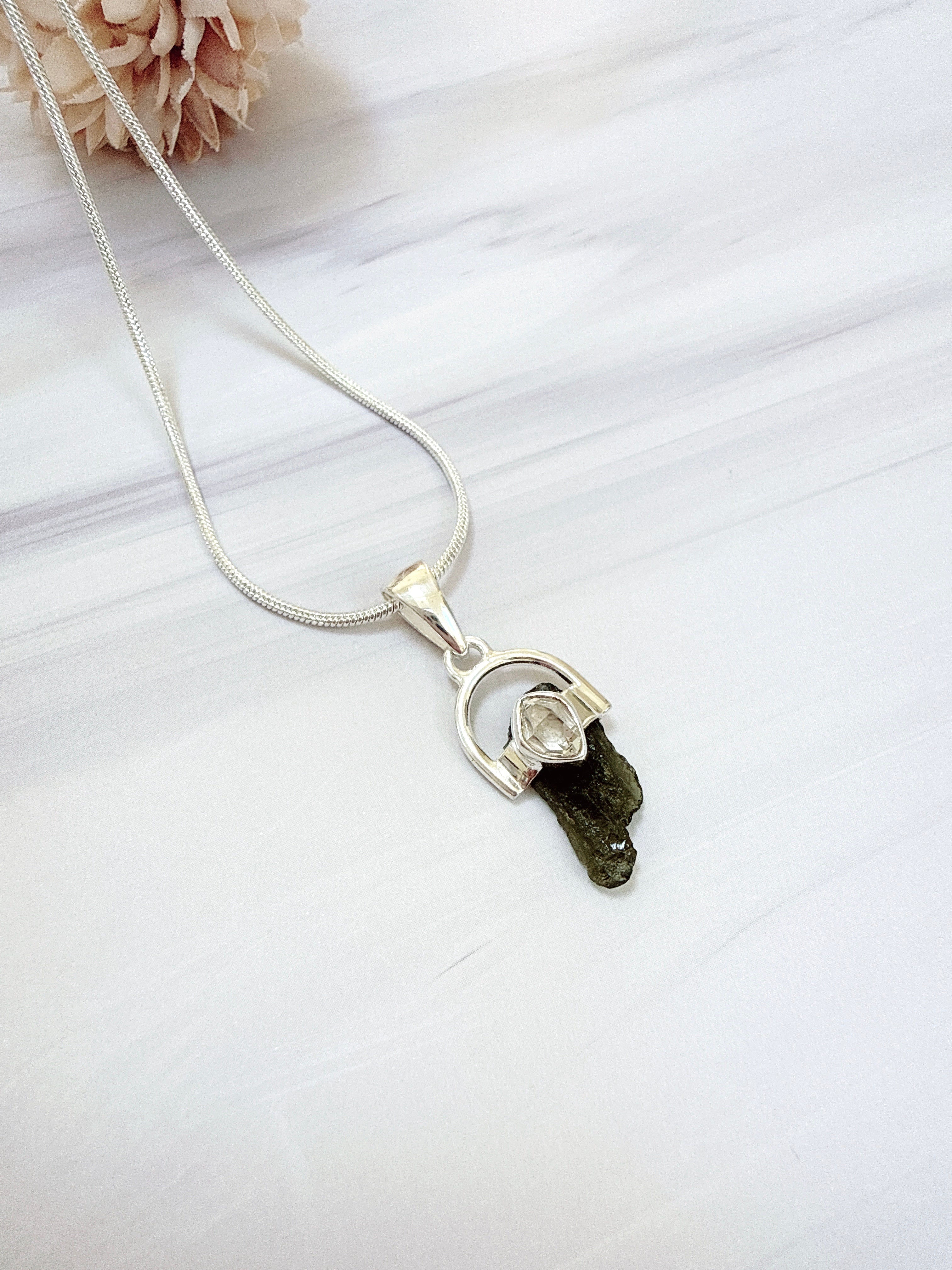 Moldavite with Herkimer Diamond Pendant