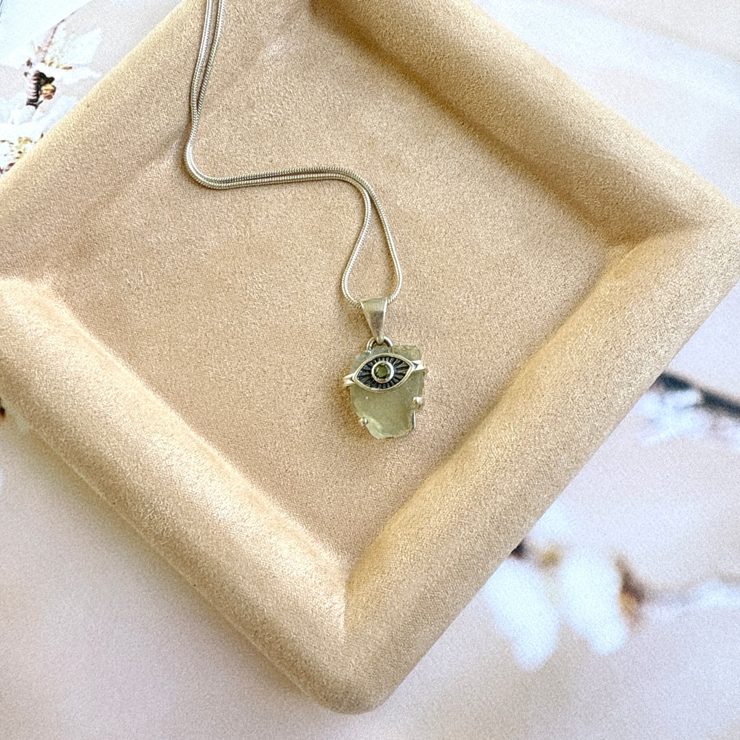 Faceted Moldavite and Libyan Desert Evil Eye Pendant