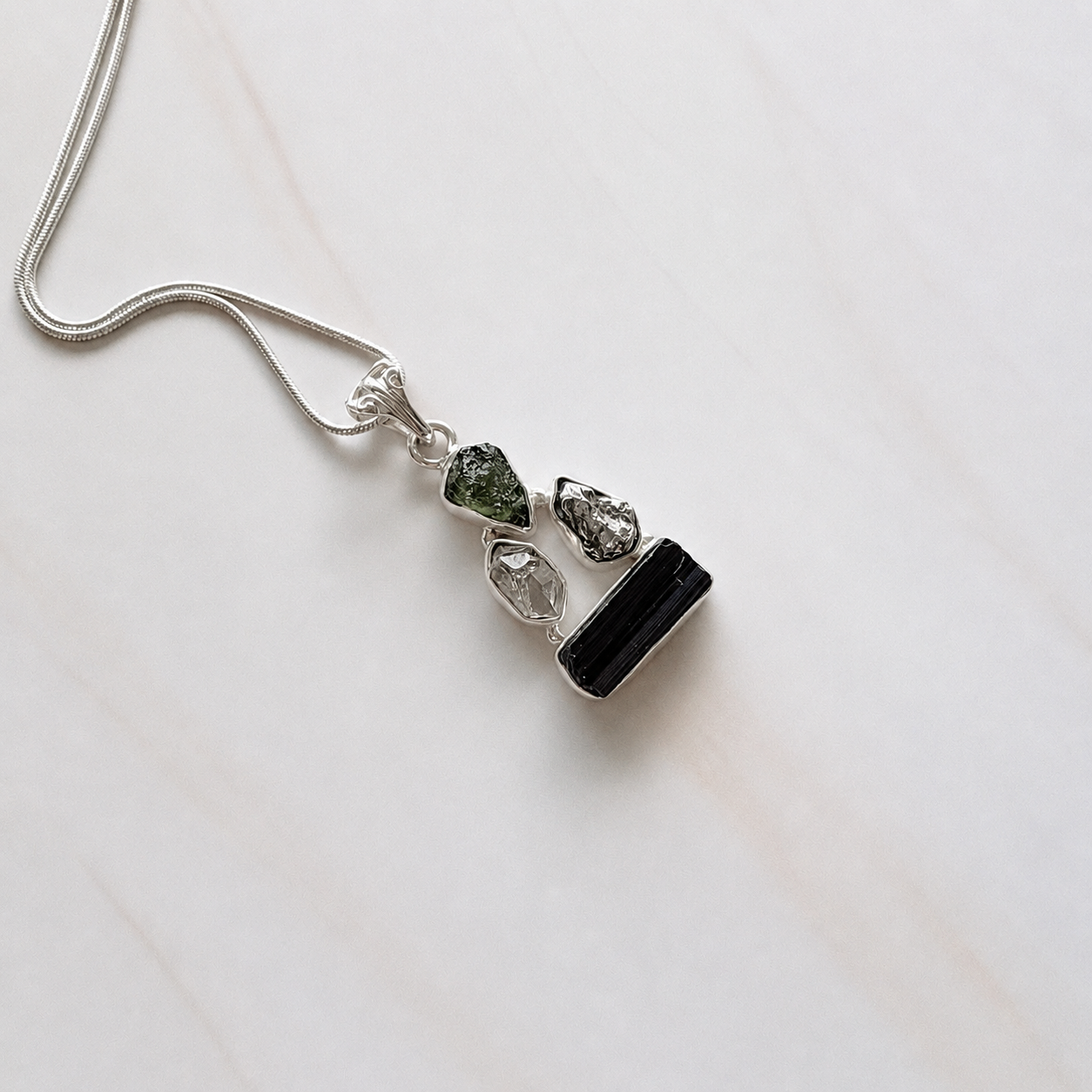 Designer – Moldavite, Herkimer Diamond, Meteorite Campo Del Cielo & Black Tourmaline Pendant