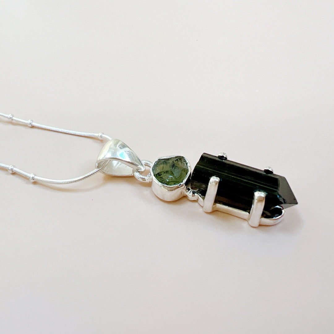 MOLDAVITE & BLACK TOURMALINE PENDANT