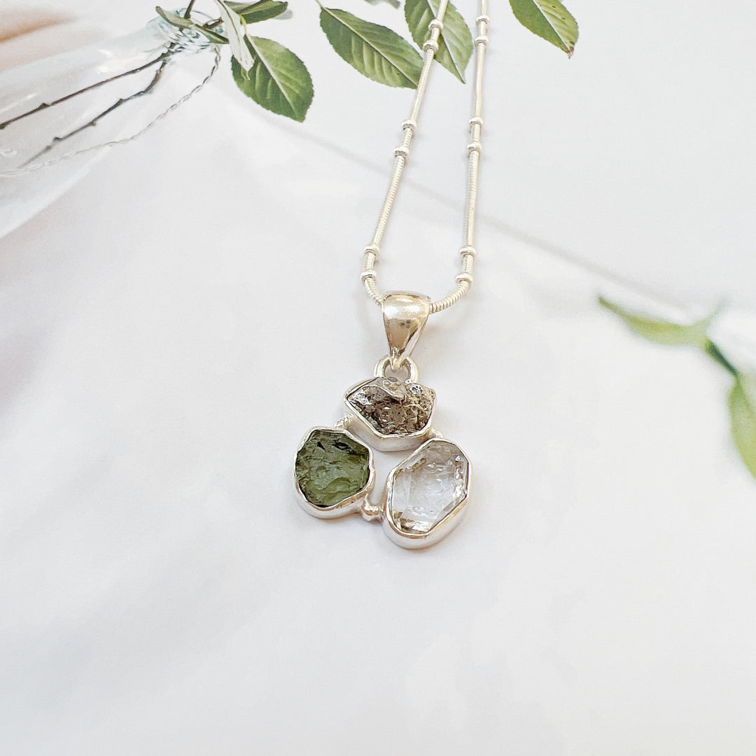 MOLDAVITE, HERKEMIR DIAMOND AND CAMPO DEL CIELO PENDANT