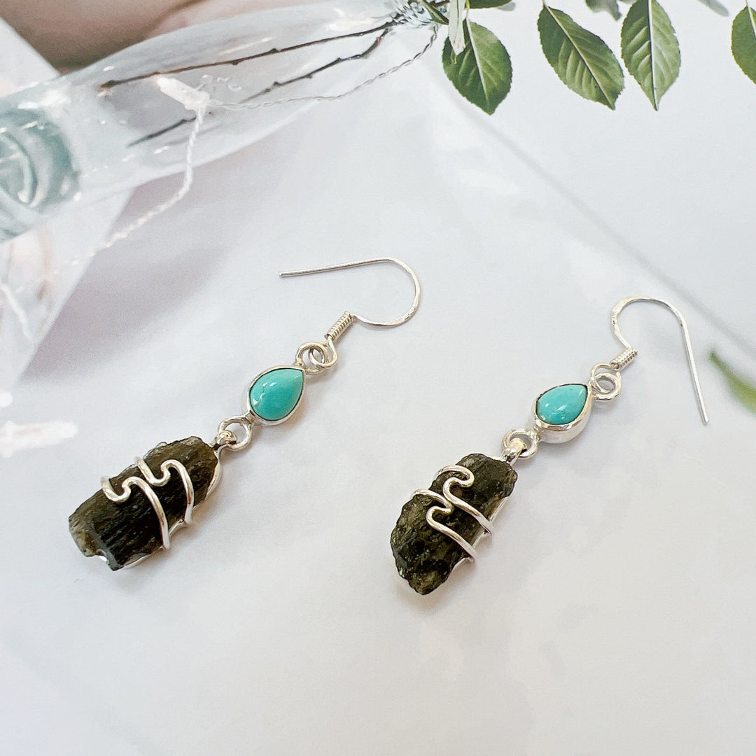 Moldavite & Blue Mohave Tq Silver Earrings