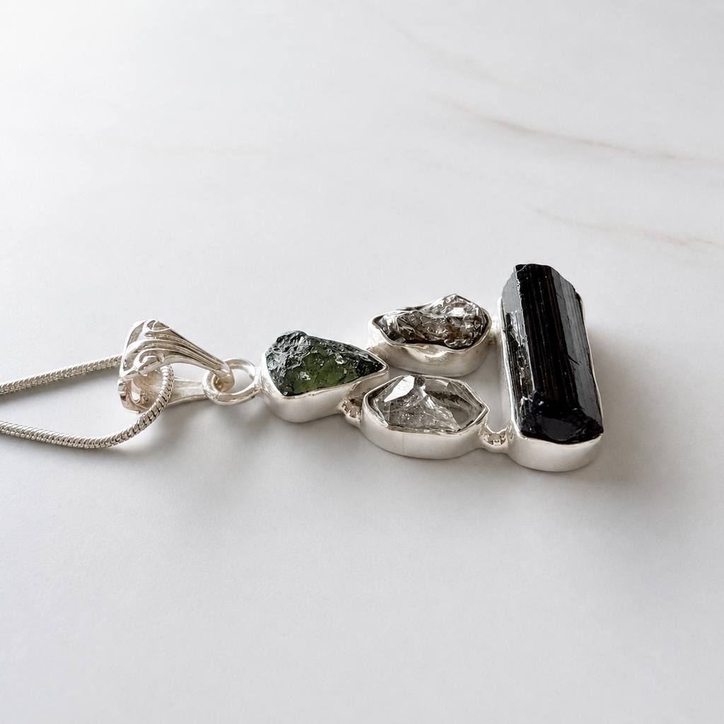 Designer – Moldavite, Herkimer Diamond, Meteorite Campo Del Cielo & Black Tourmaline Pendant