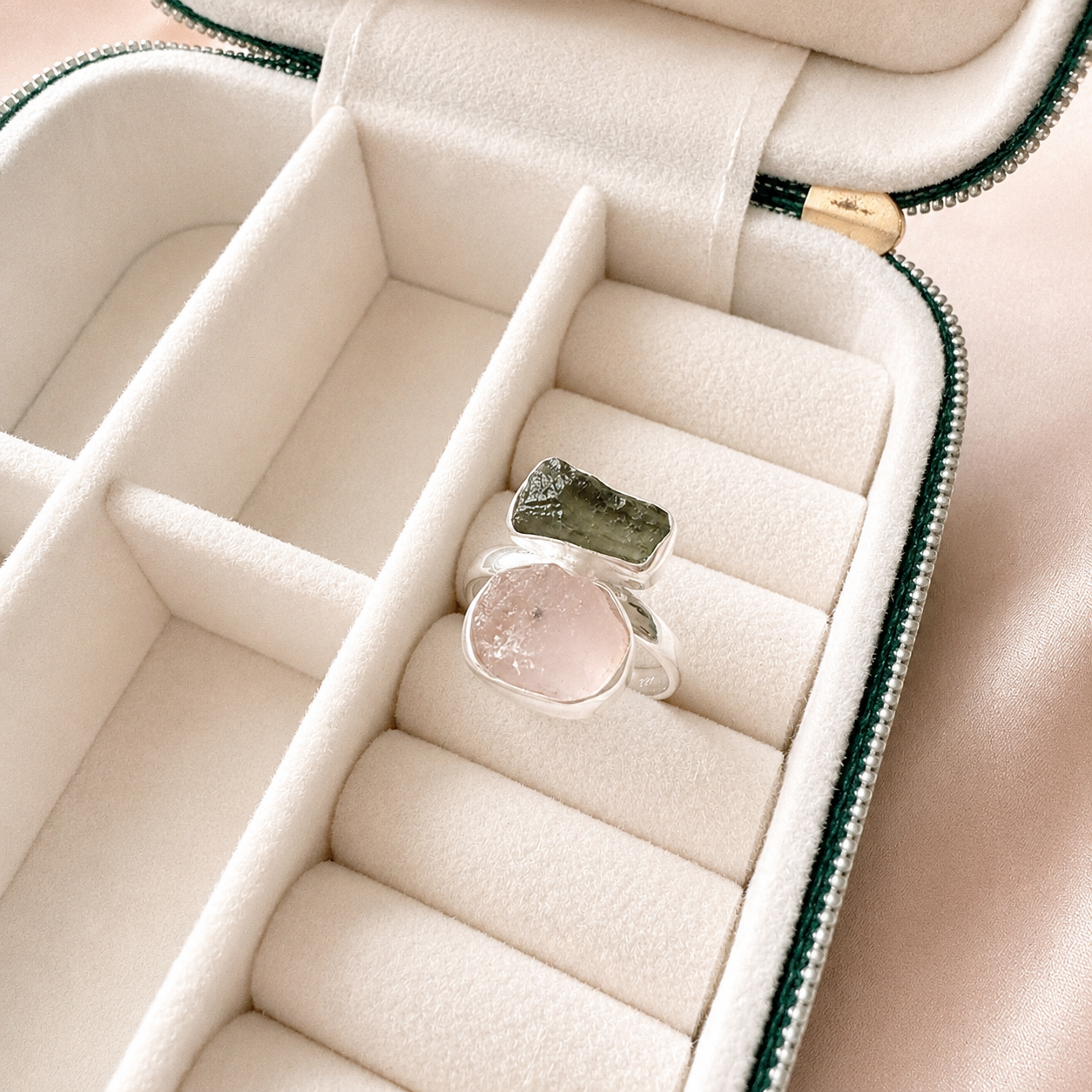 Designer Moldavite & Rose Quartz Ring
