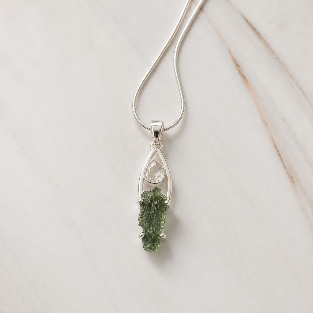 Moldavite with Herkimer Diamond Pendant