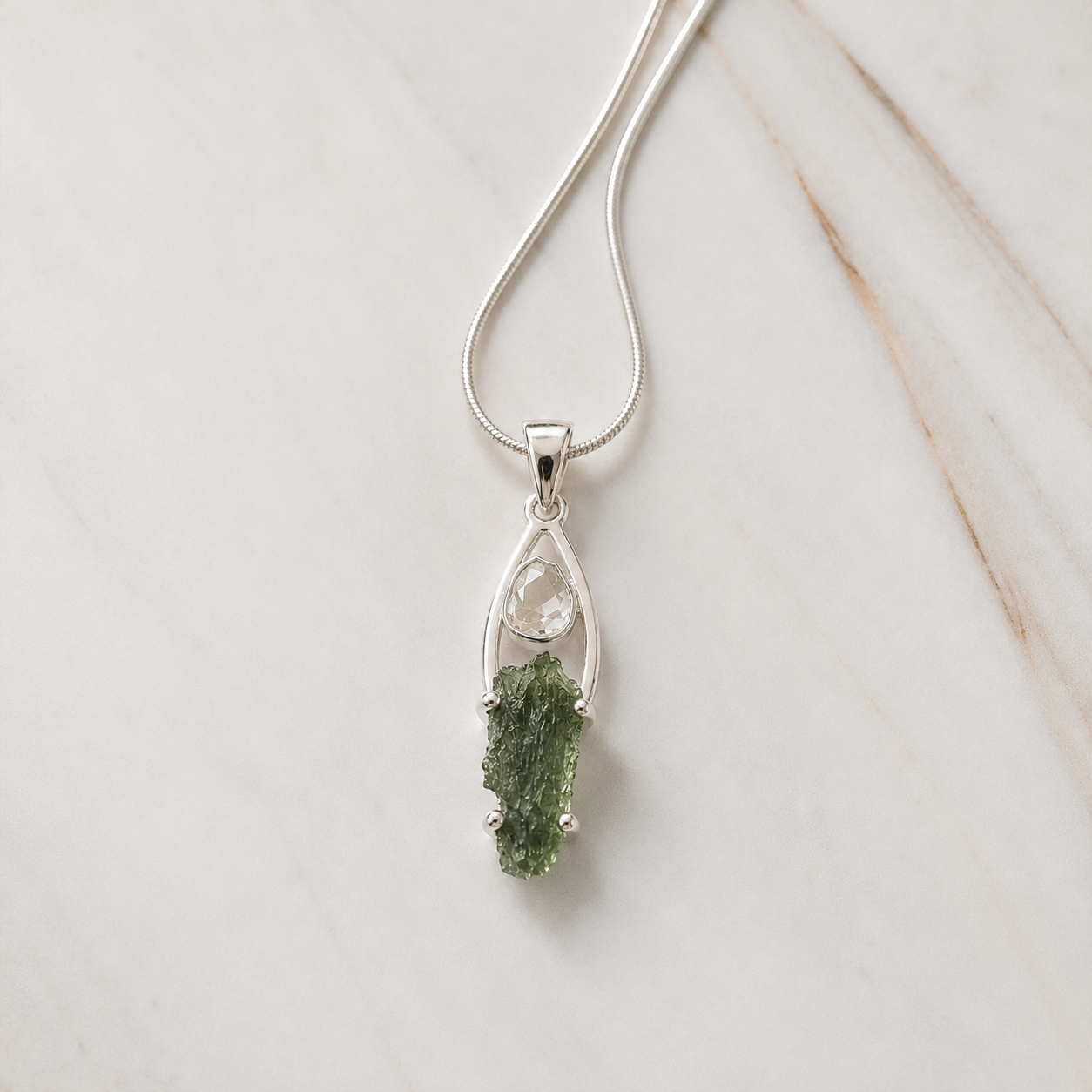 Moldavite with Herkimer Diamond Pendant