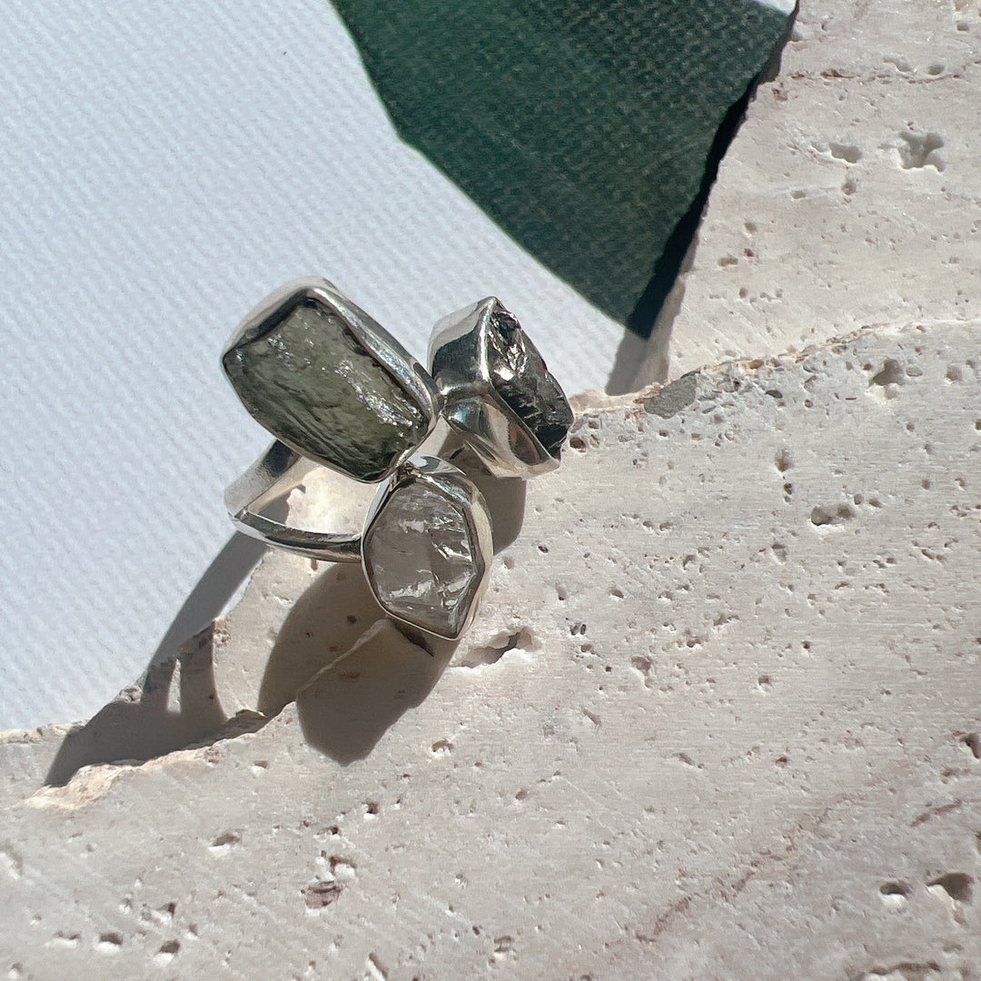 MOLDAVITE, HERKIMER DIAMOND & CAMPO DEL CIELO RING