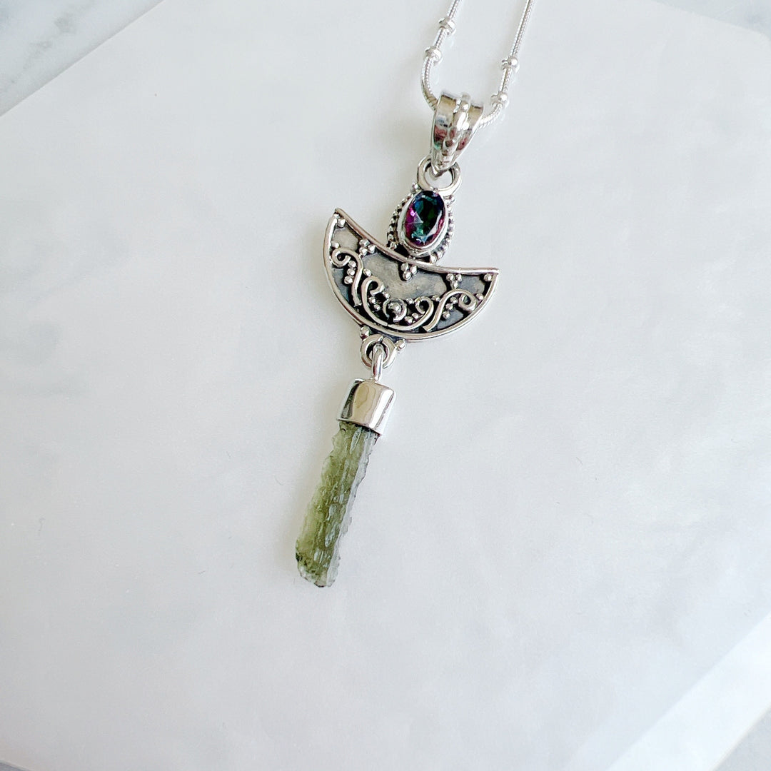 Moldavite & Rainbow Quartz Pendant