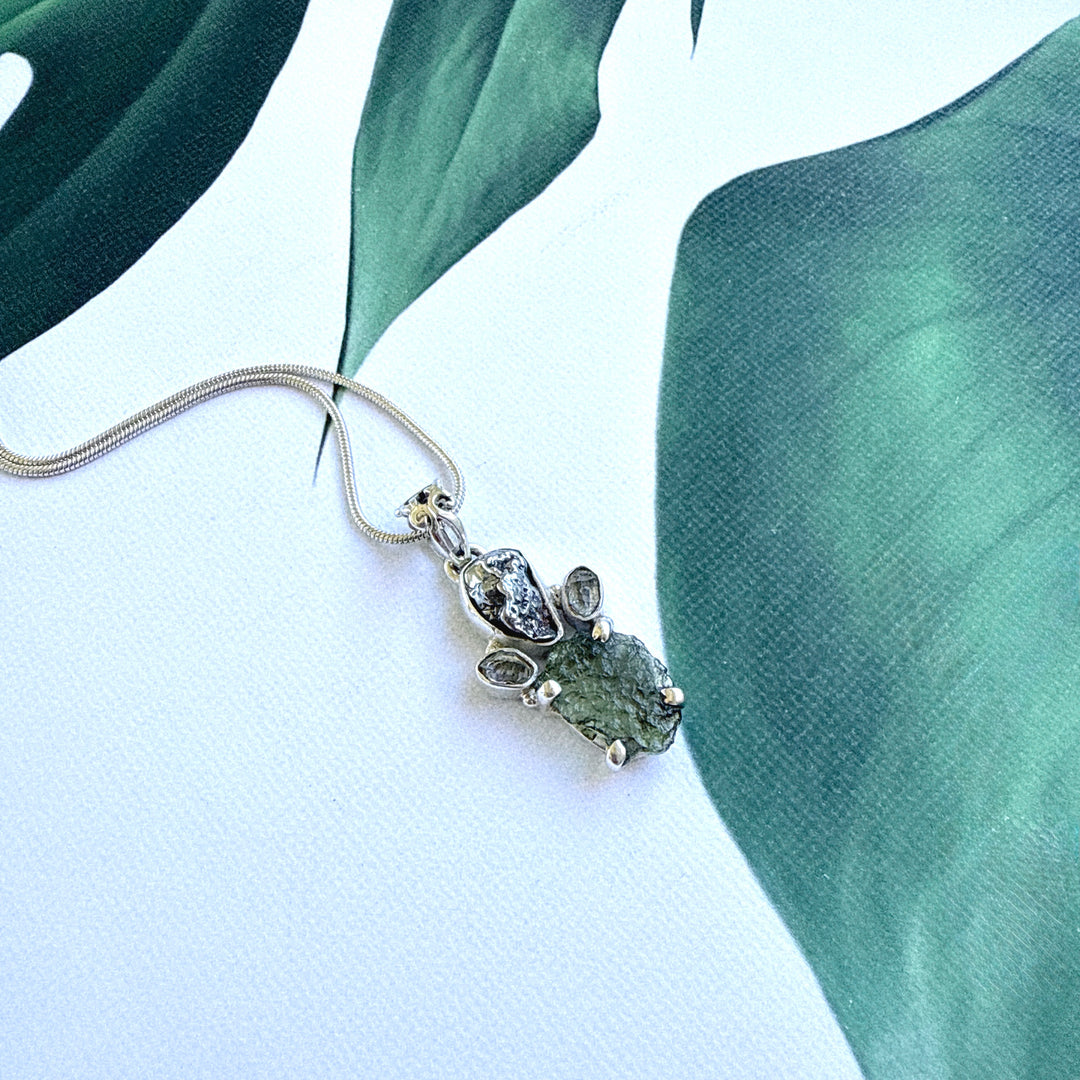 MOLDAVITE, HERKIMER DIAMOND, METEORITE CAMPO DEL CIELO PENDANT