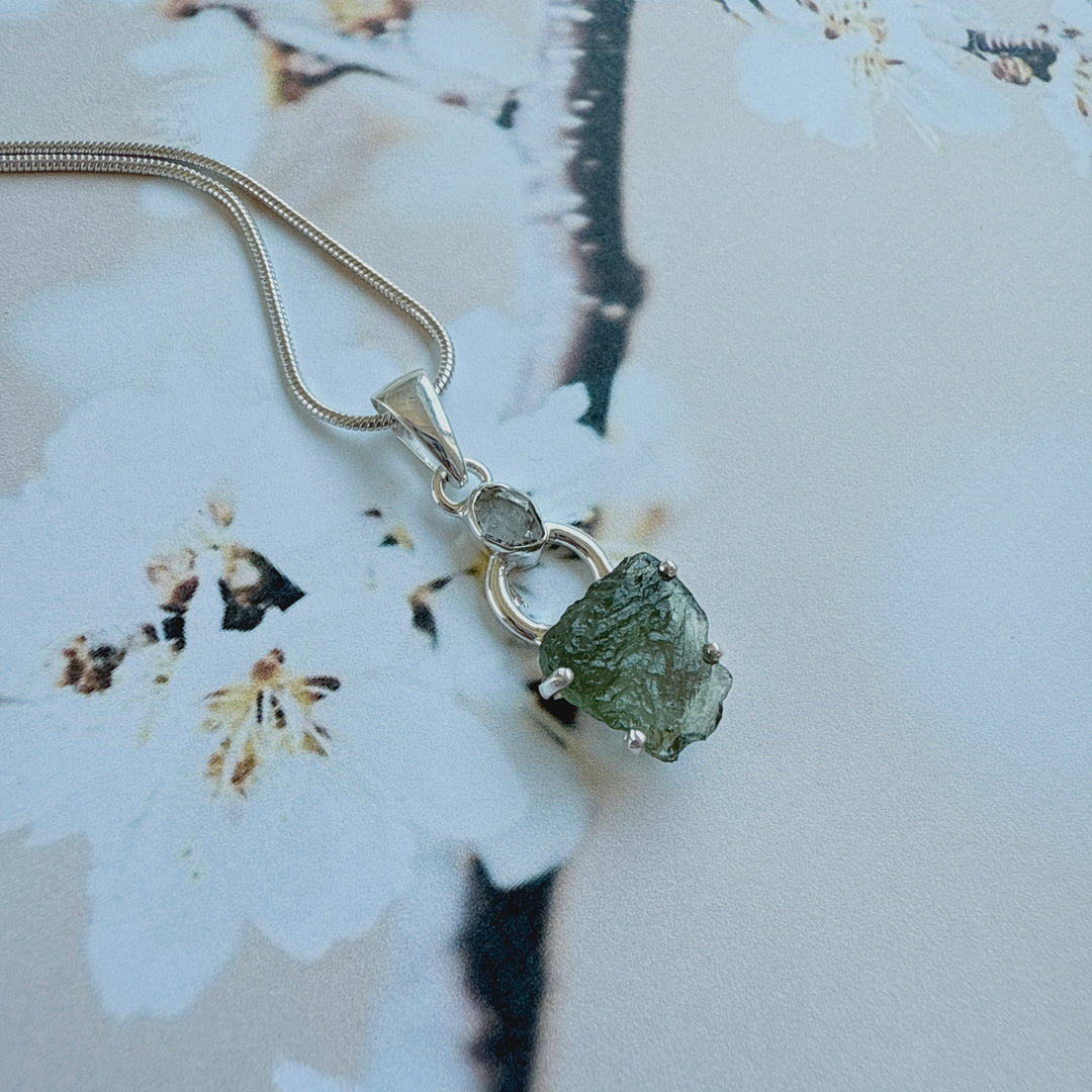 MOLDAVITE & HERKEMIER DIAMOND PENDANT