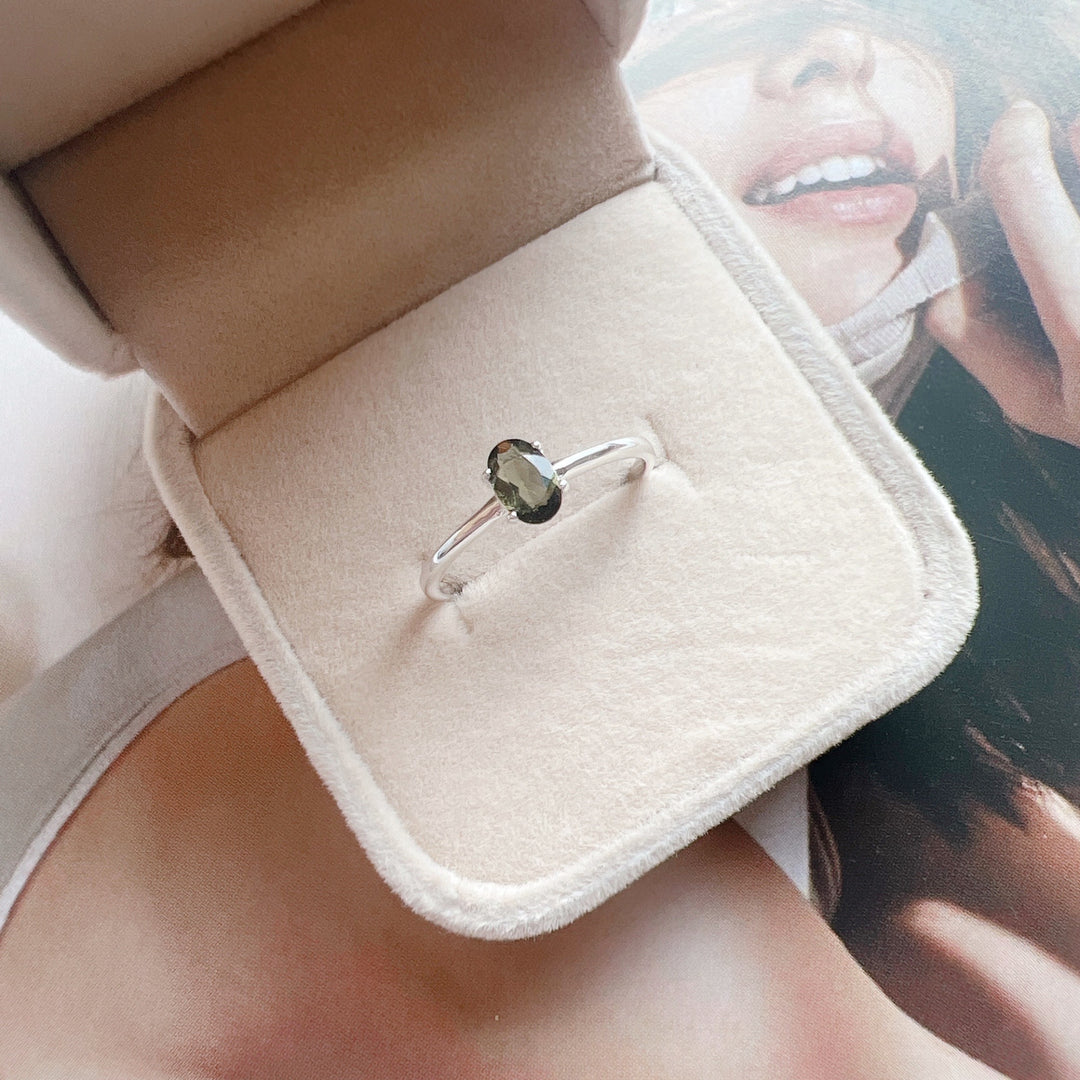 MOLDAVITE RING FACETED