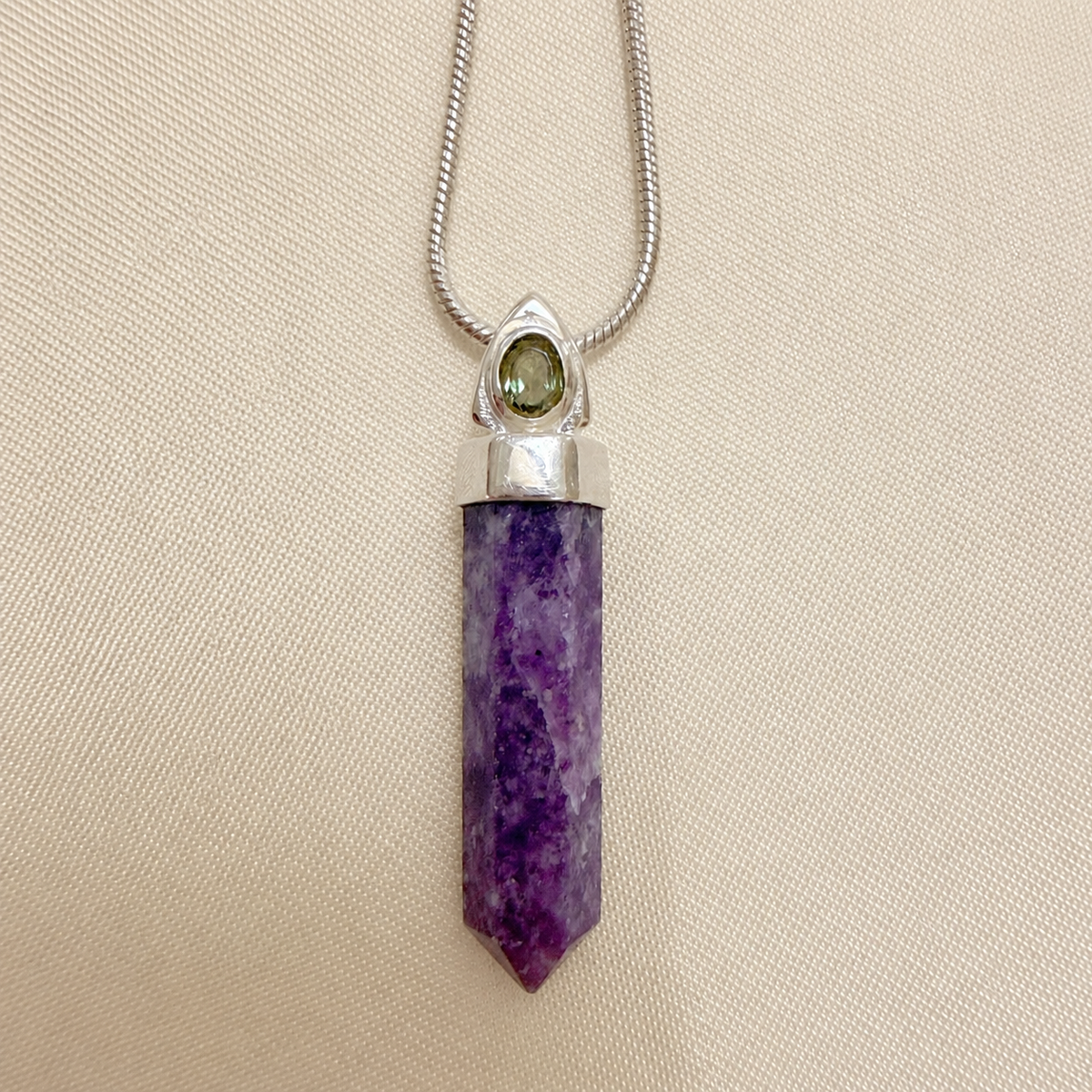 Purple Lepidolite Worry Stone & Moldavite Faceted Pendant