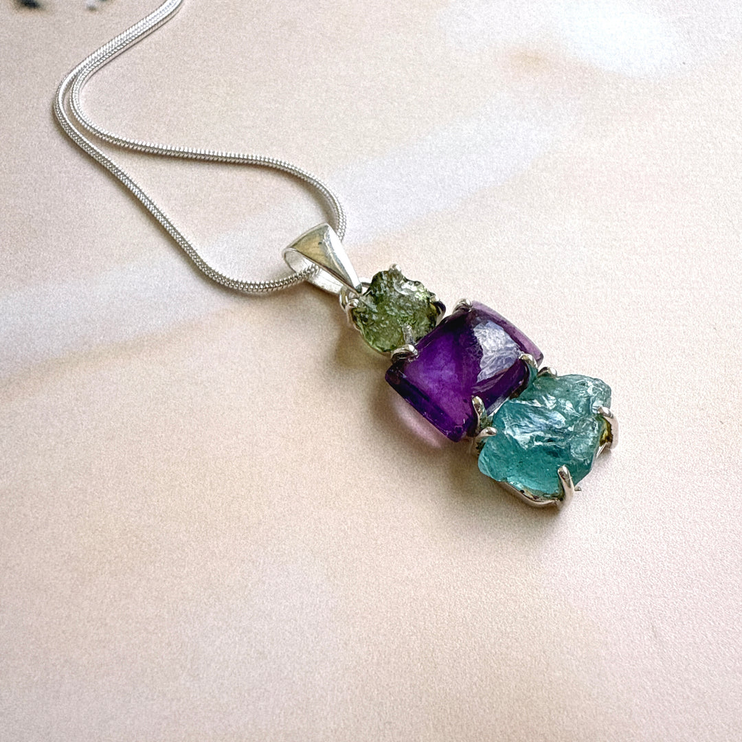 Moldavite, Amethyst & Neon Blue Apatite Pendant