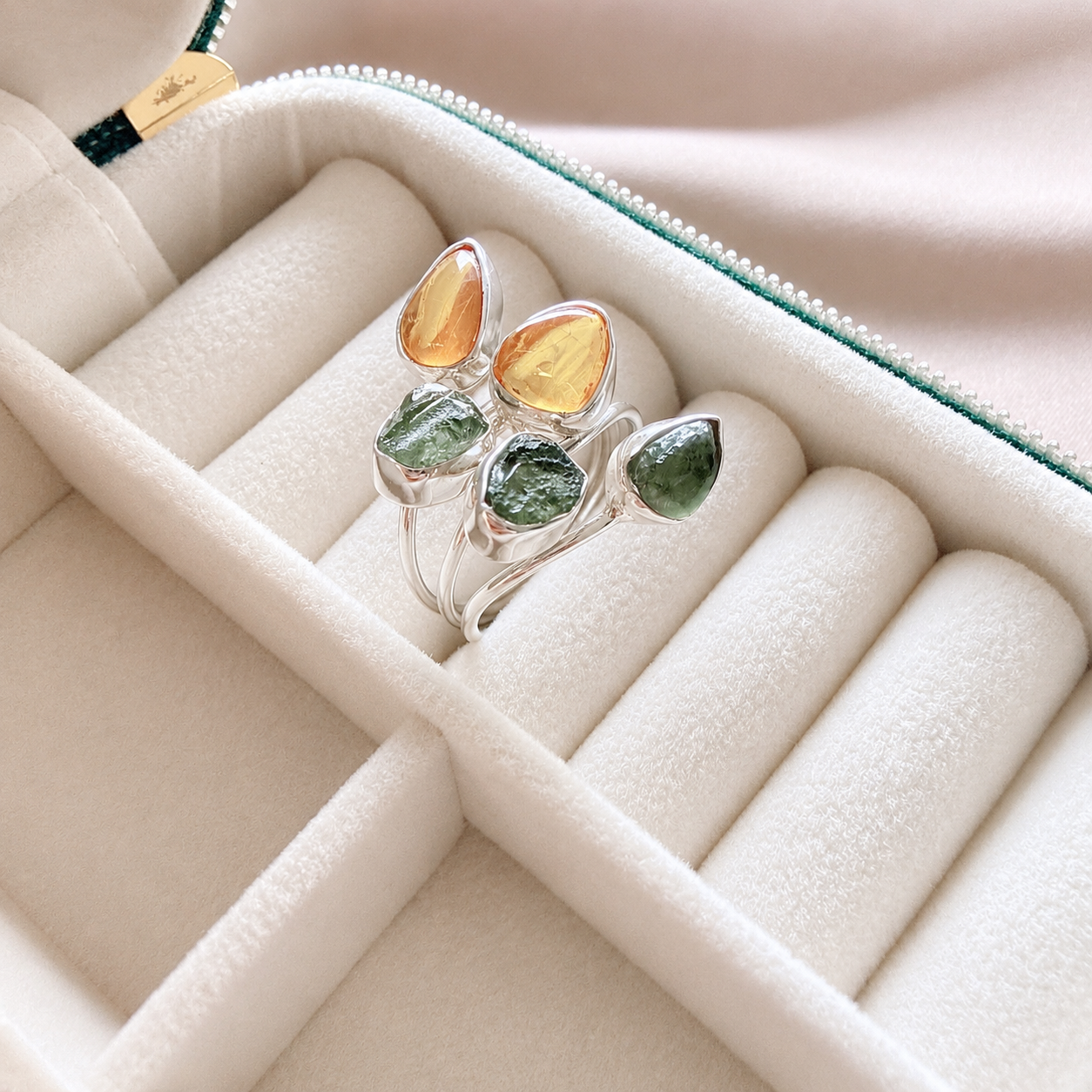 Designer – Moldavite & Baltic Amber Ring