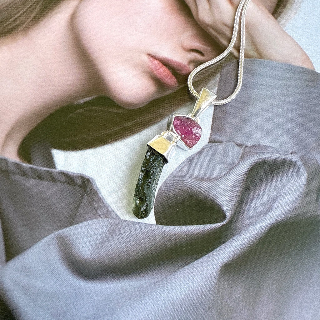 Moldavite & Pink Tourmaline Pendant