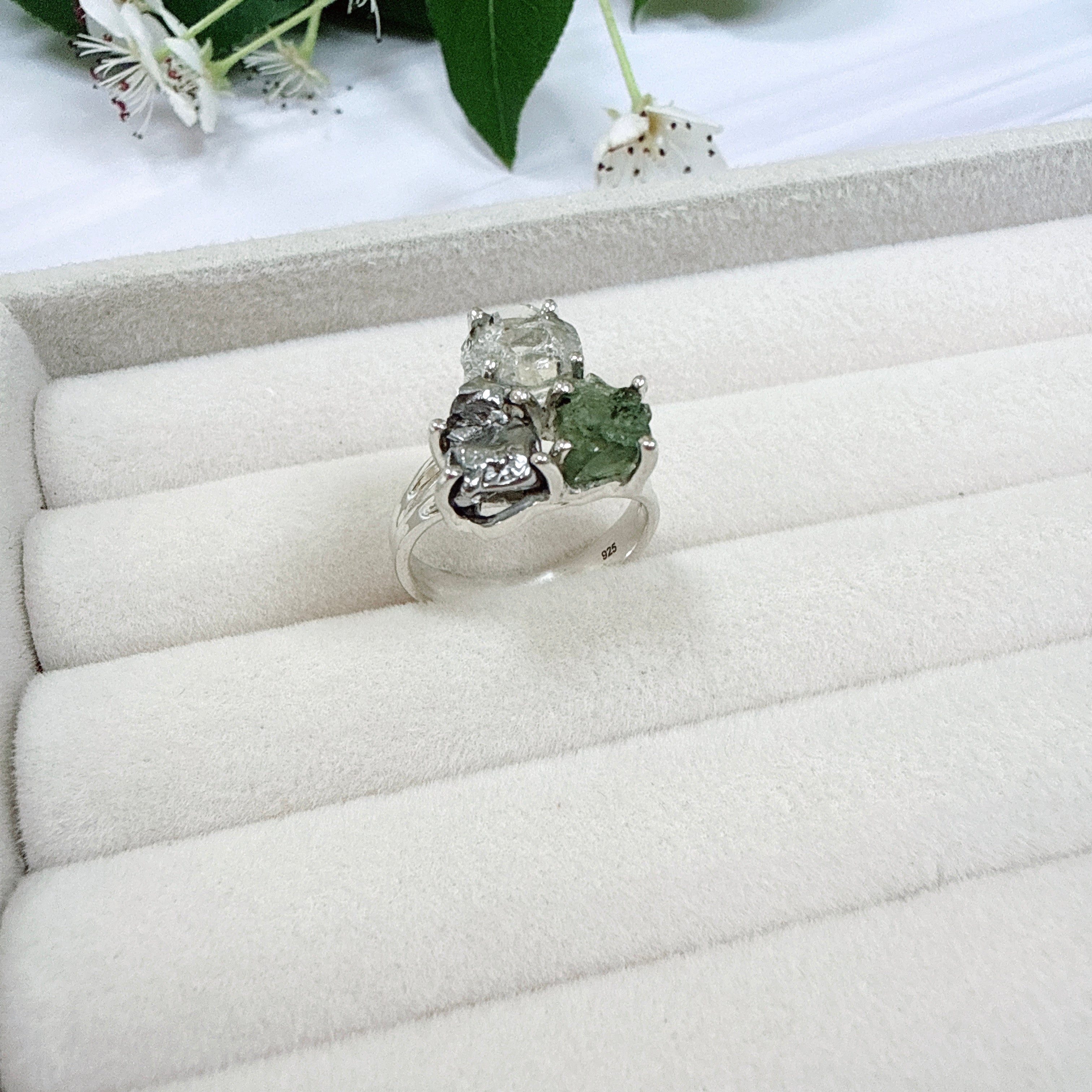 Moldavite, Herkimer Diamond & Meteorite Campo del Cielo Ring