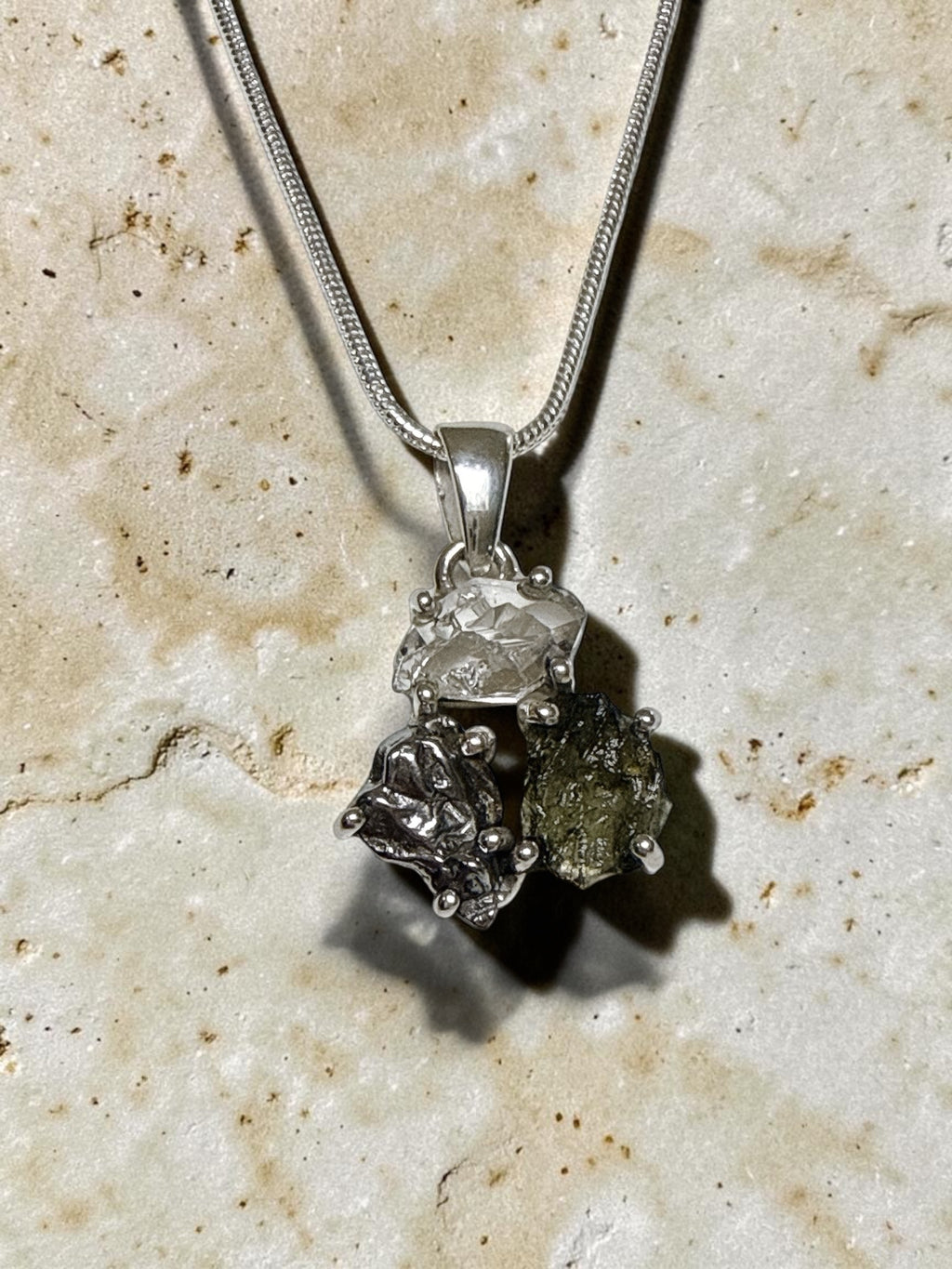 Moldavite, Herkimer Diamond & Campo del Cielo Meteorite Pendant