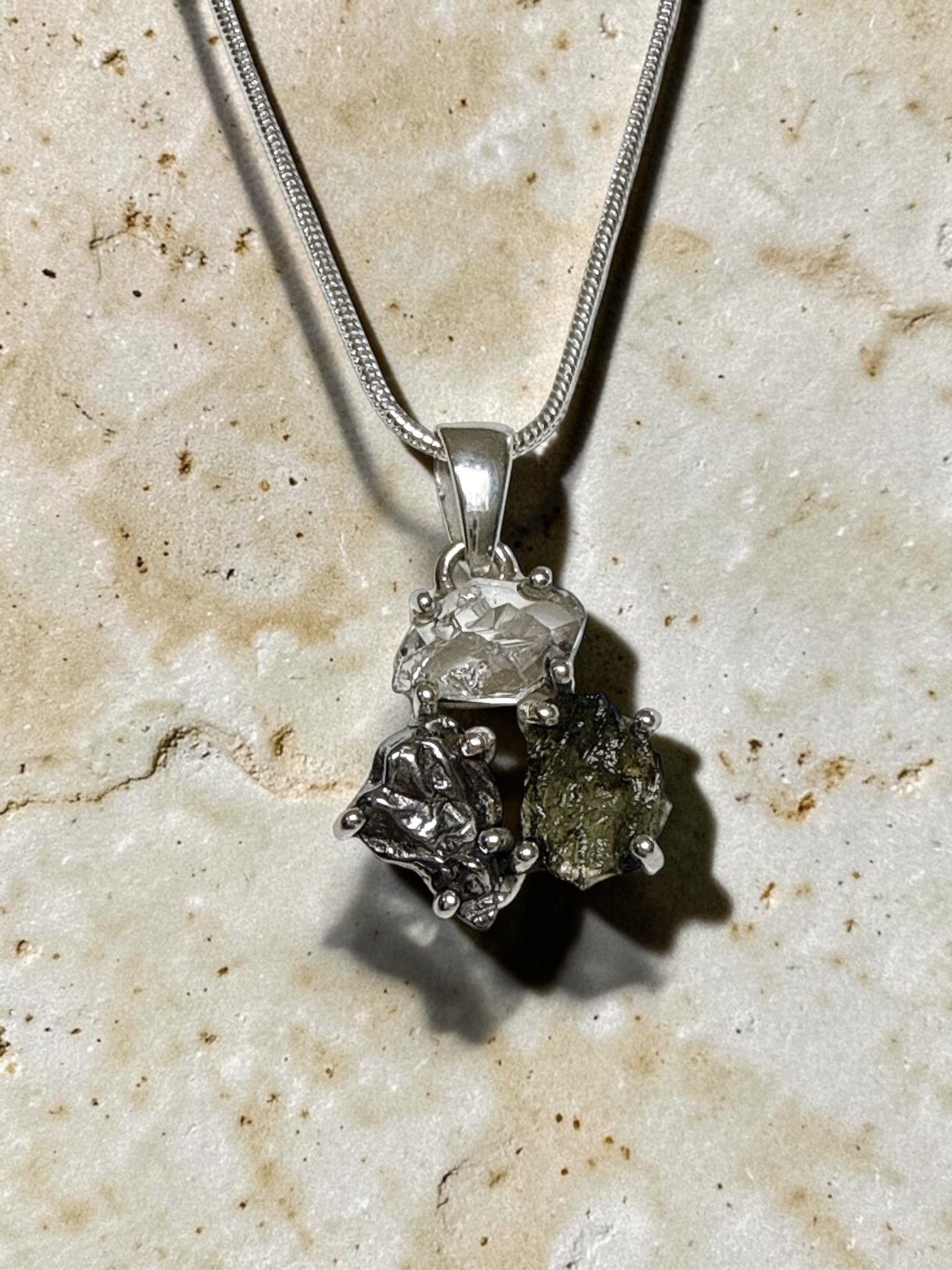 Moldavite, Herkimer Diamond & Campo del Cielo Meteorite Pendant