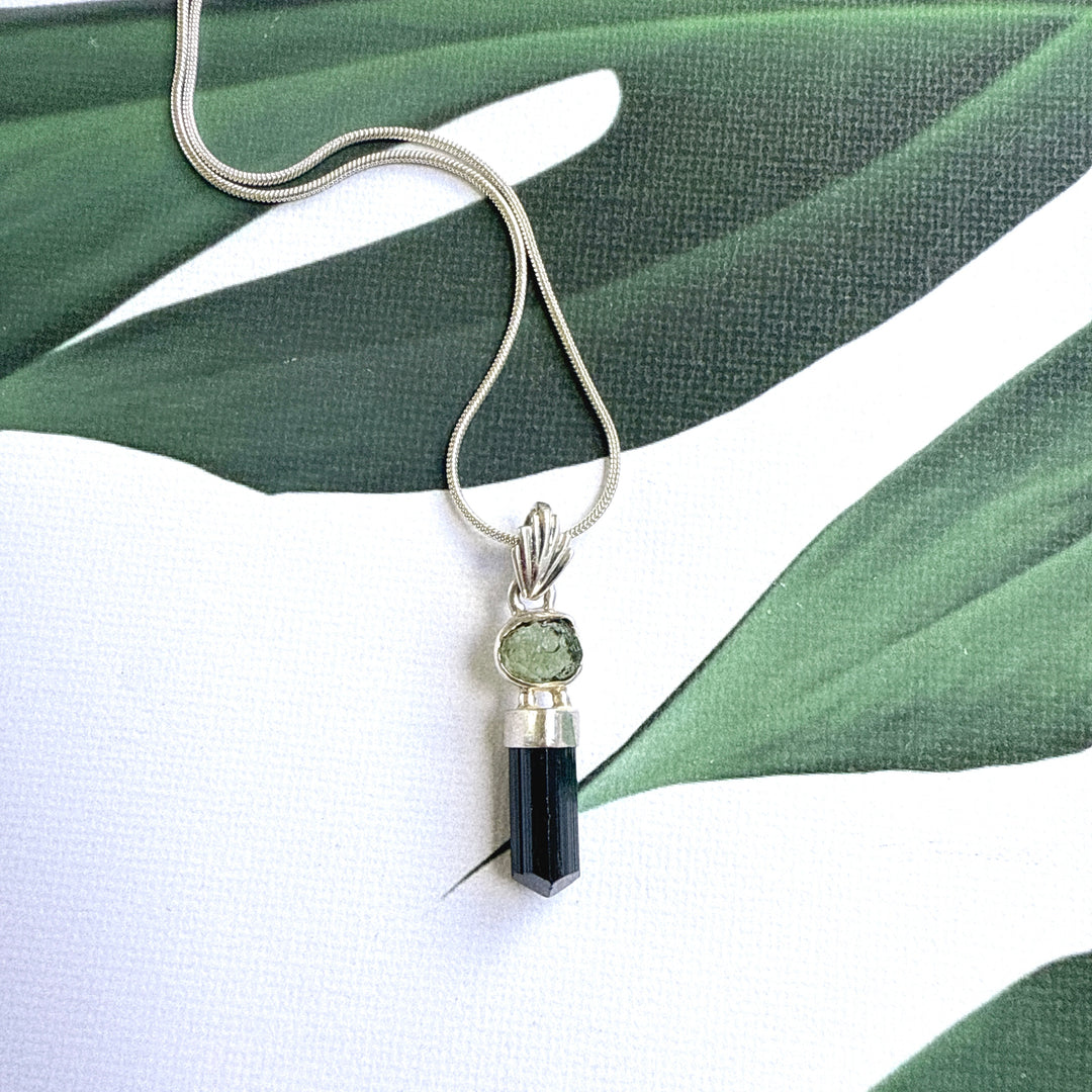 MOLDAVITE & BLACK TOURMALINE PENDANT