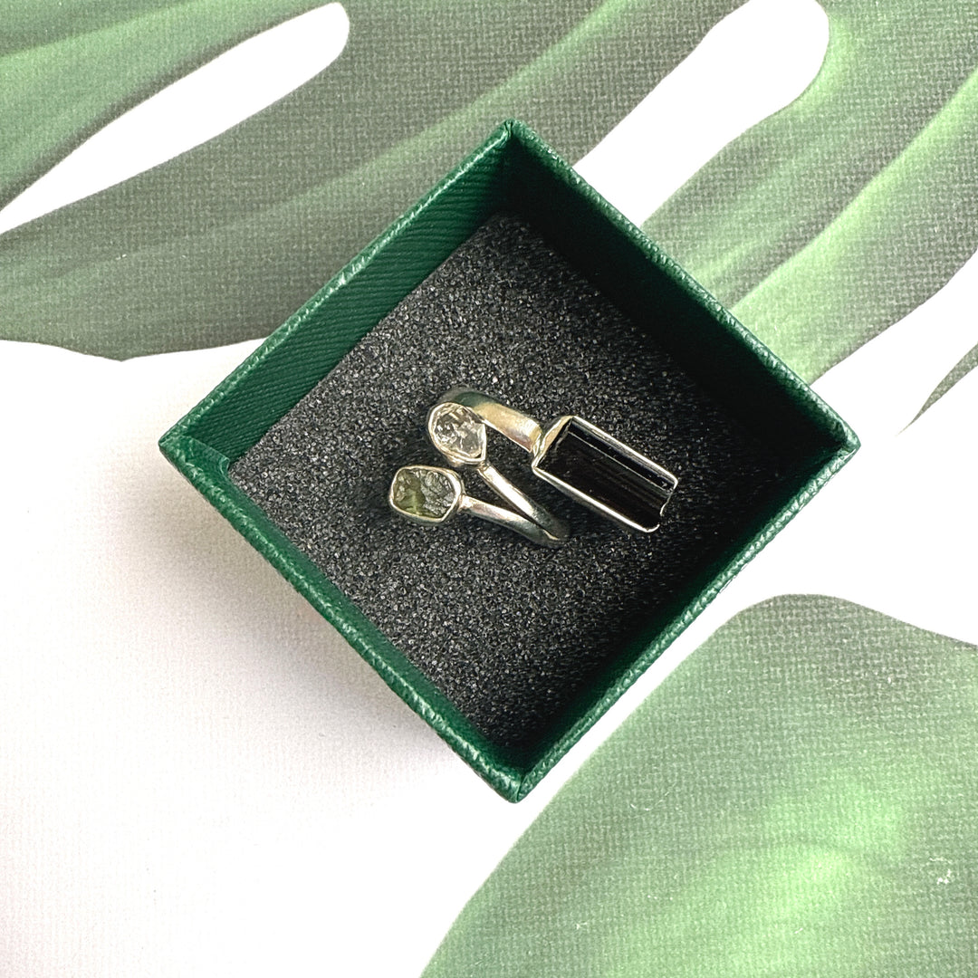 Moldavite, Herkimer & Black Tourmaline Ring
