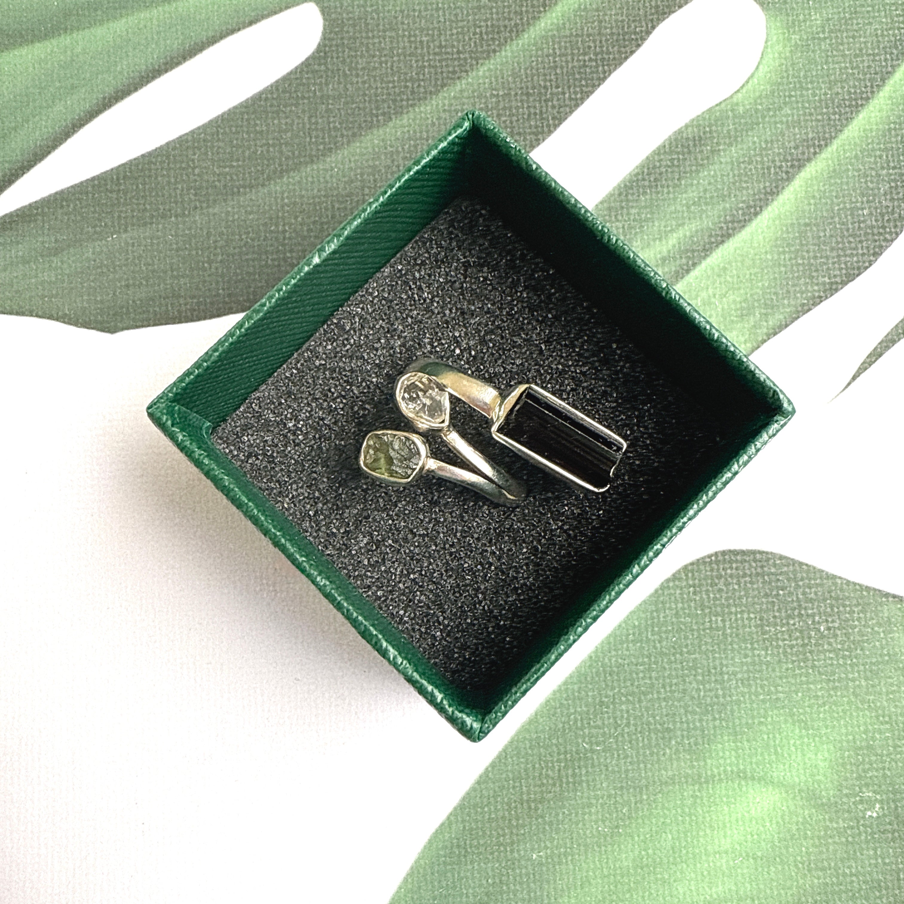 Moldavite, Herkimer & Black Tourmaline Ring