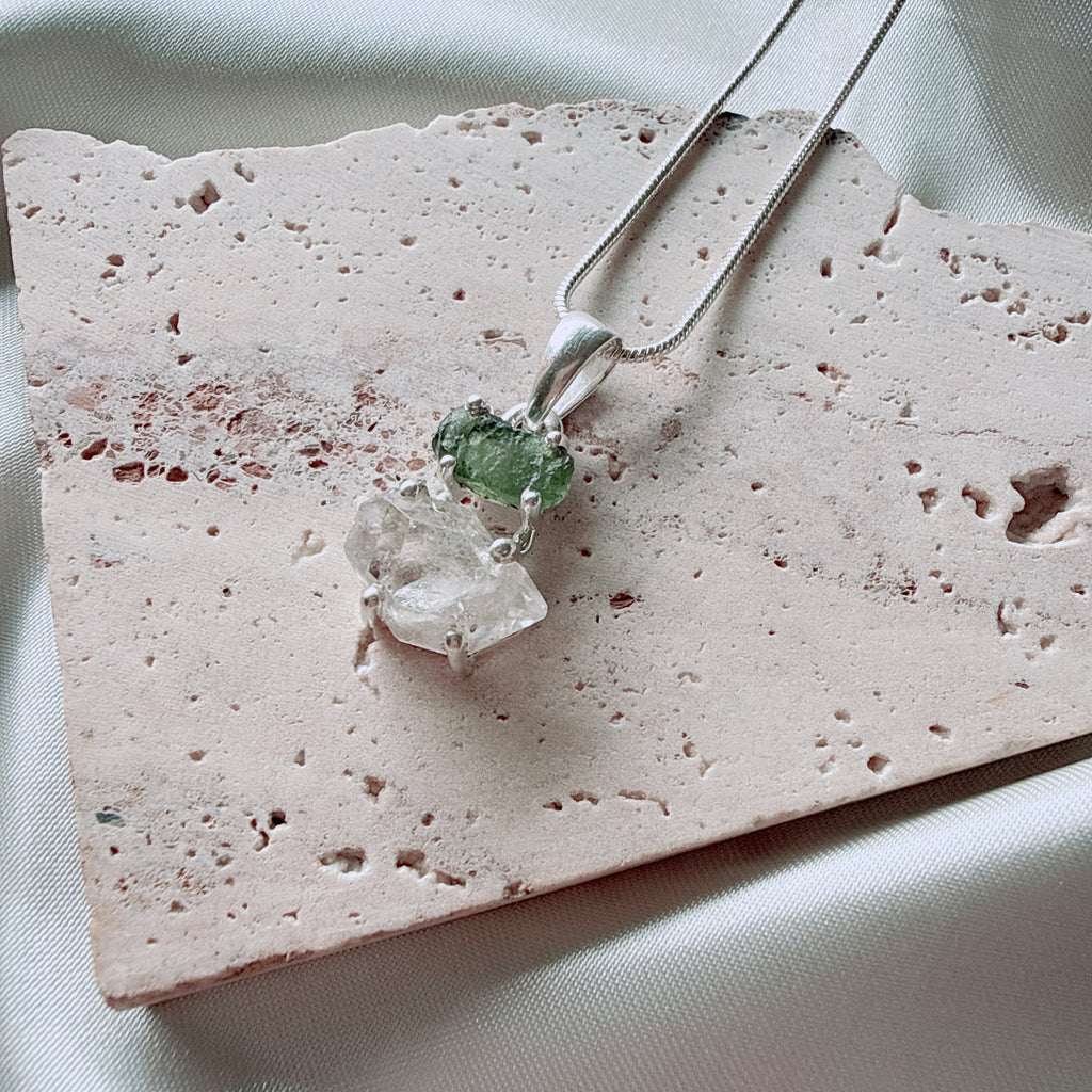 Moldavite with Herkimer Diamond Pendant