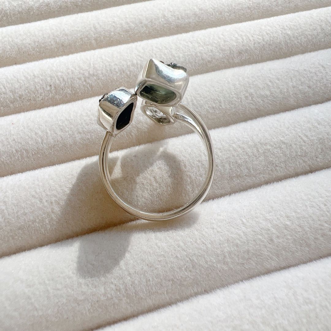 MOLDAVITE, HERKIMER DIAMOND & CAMPO DEL CIELO RING