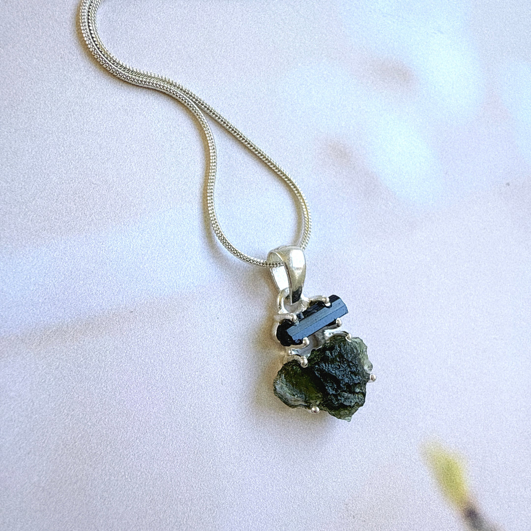 MOLDAVITE & BLACK TOURMALINE PENDANT