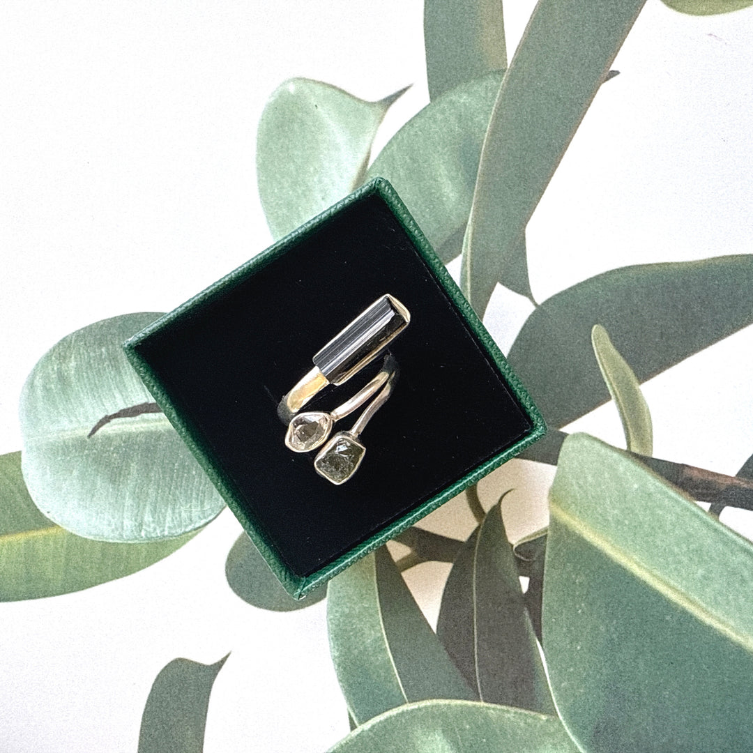 Moldavite, Herkimer & Black Tourmaline Ring