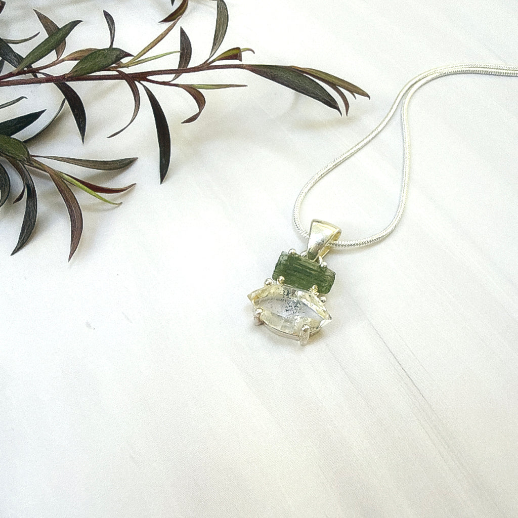 Moldavite with Herkimer Diamond Pendant