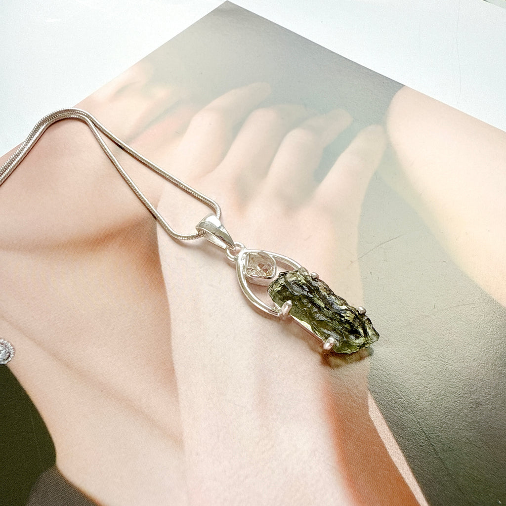 Moldavite & Herkimer Pendant