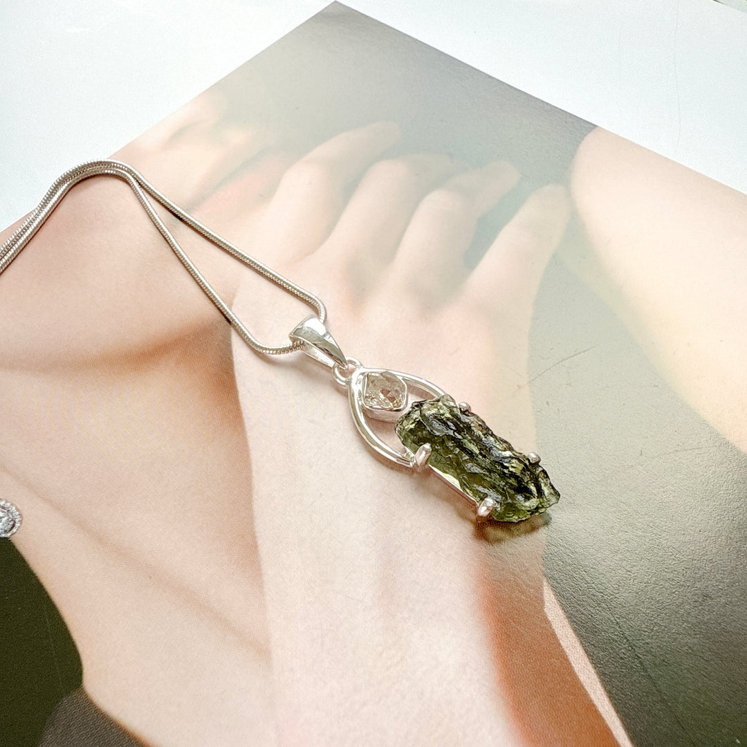 Moldavite & Herkimer Pendant