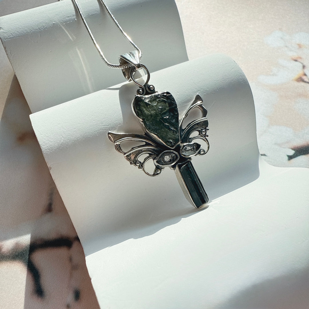 Moldavite, Herkimer Diamond & Black Tourmaline Pendant
