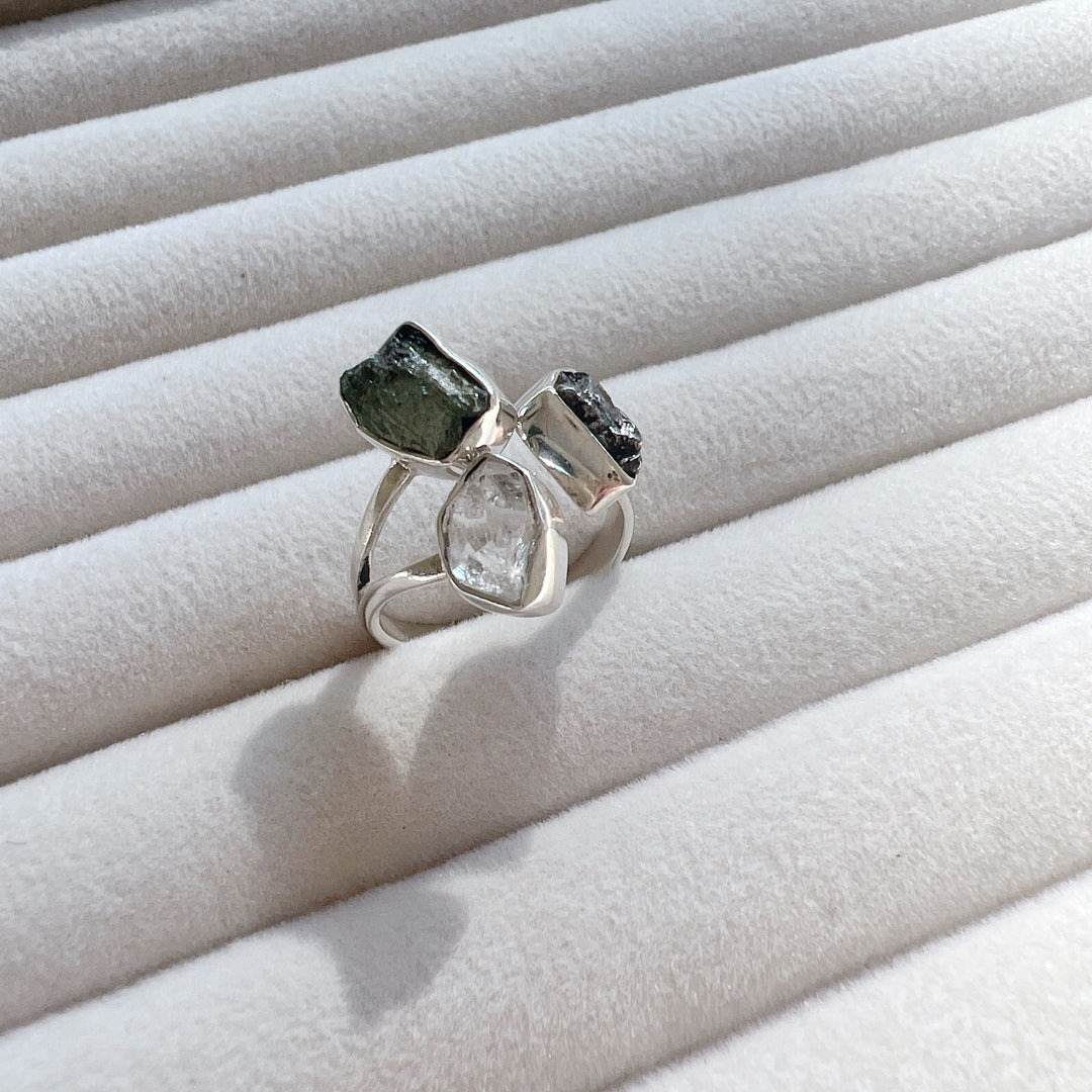 MOLDAVITE, HERKIMER DIAMOND & CAMPO DEL CIELO RING