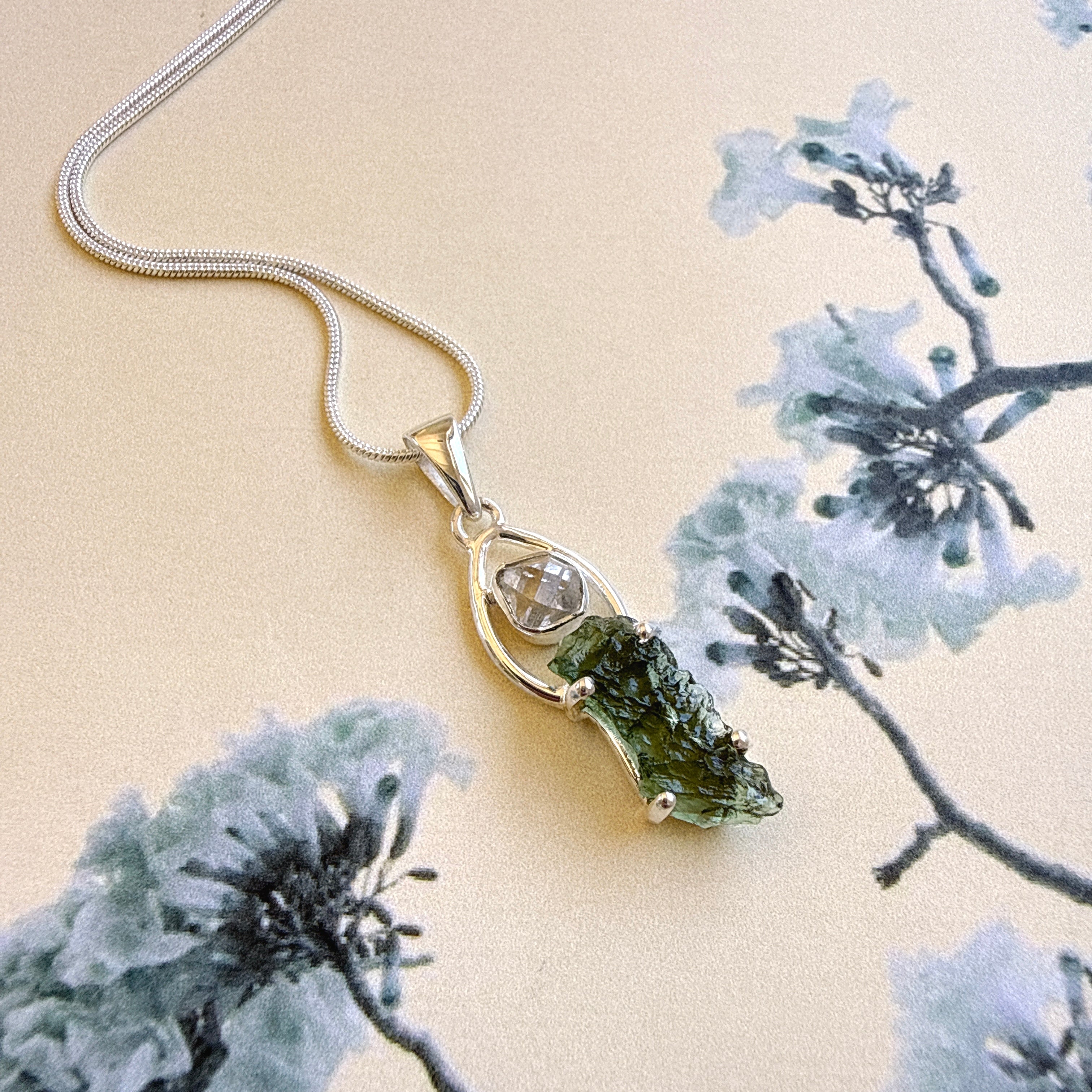 Moldavite & Herkimer Diamond Pendant