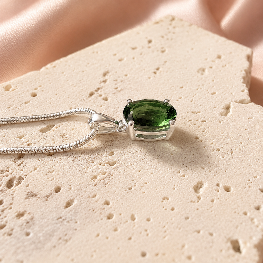 Moldavite Faceted Silver Pendant