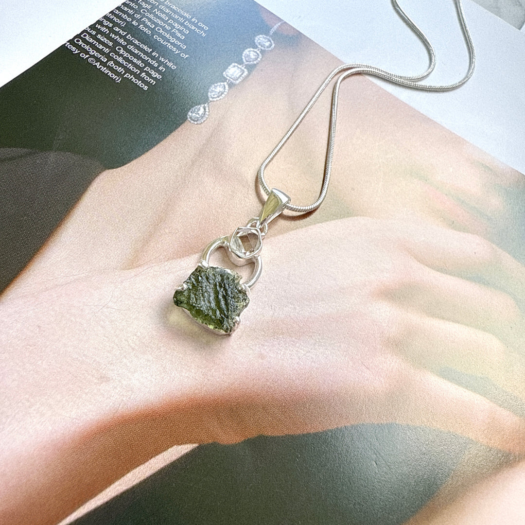 MOLDAVITE & HERKEMIER DIAMOND PENDANT