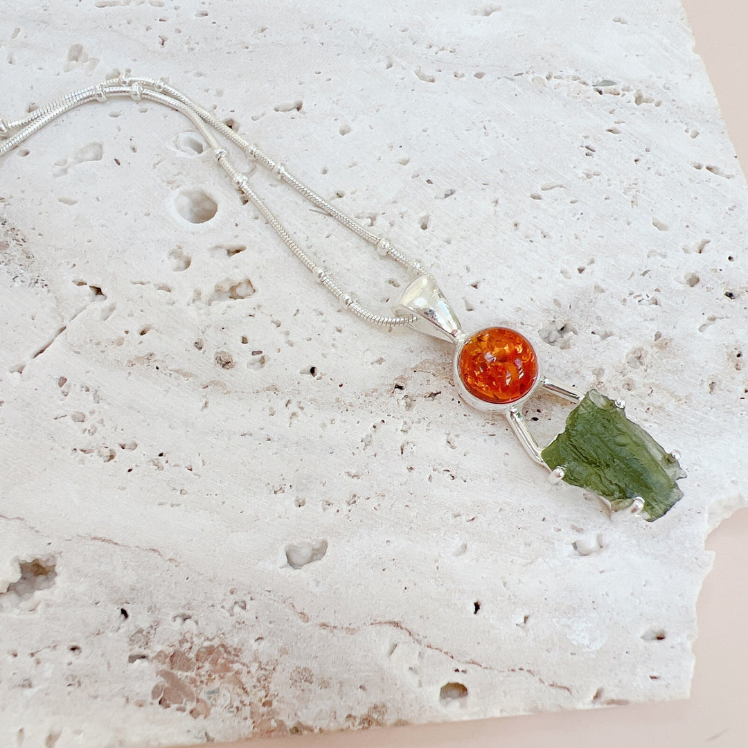 MOLDAVITE & BALTIC AMBER PENDANT