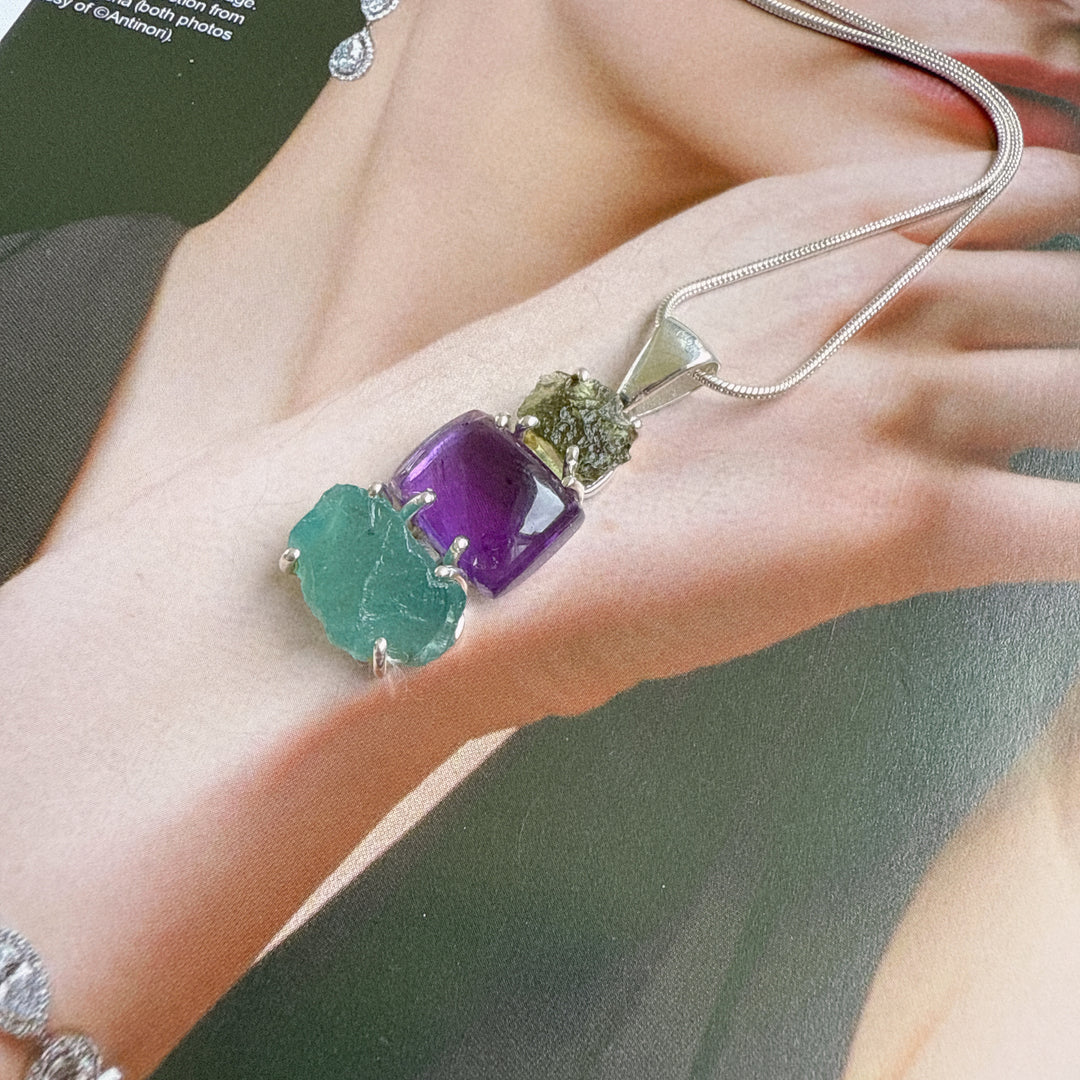 Moldavite, Amethyst & Neon Blue Apatite Pendant